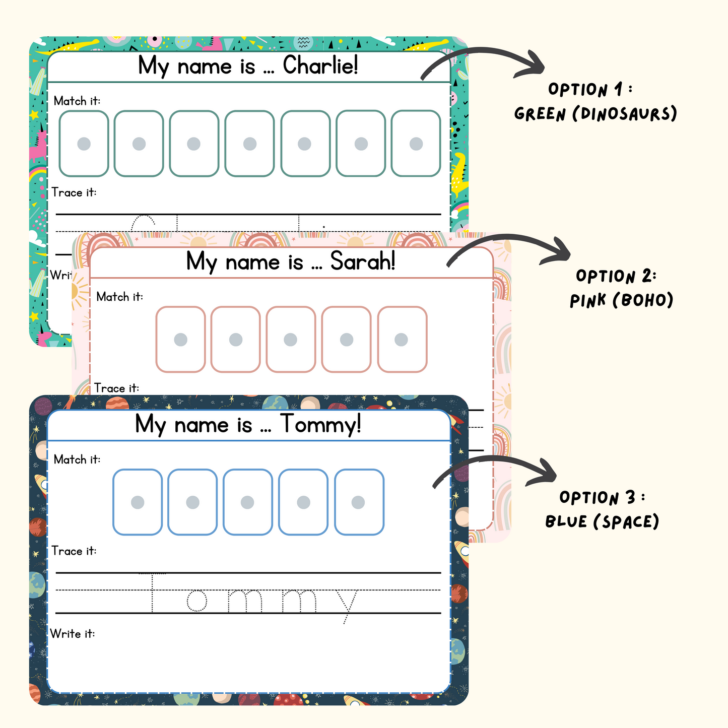 Name Writing Mat, Pen Control, Name Match, preschool Activity, Personalised Name Activity, writing practice - Theme :Dinosaur, Space, Boho